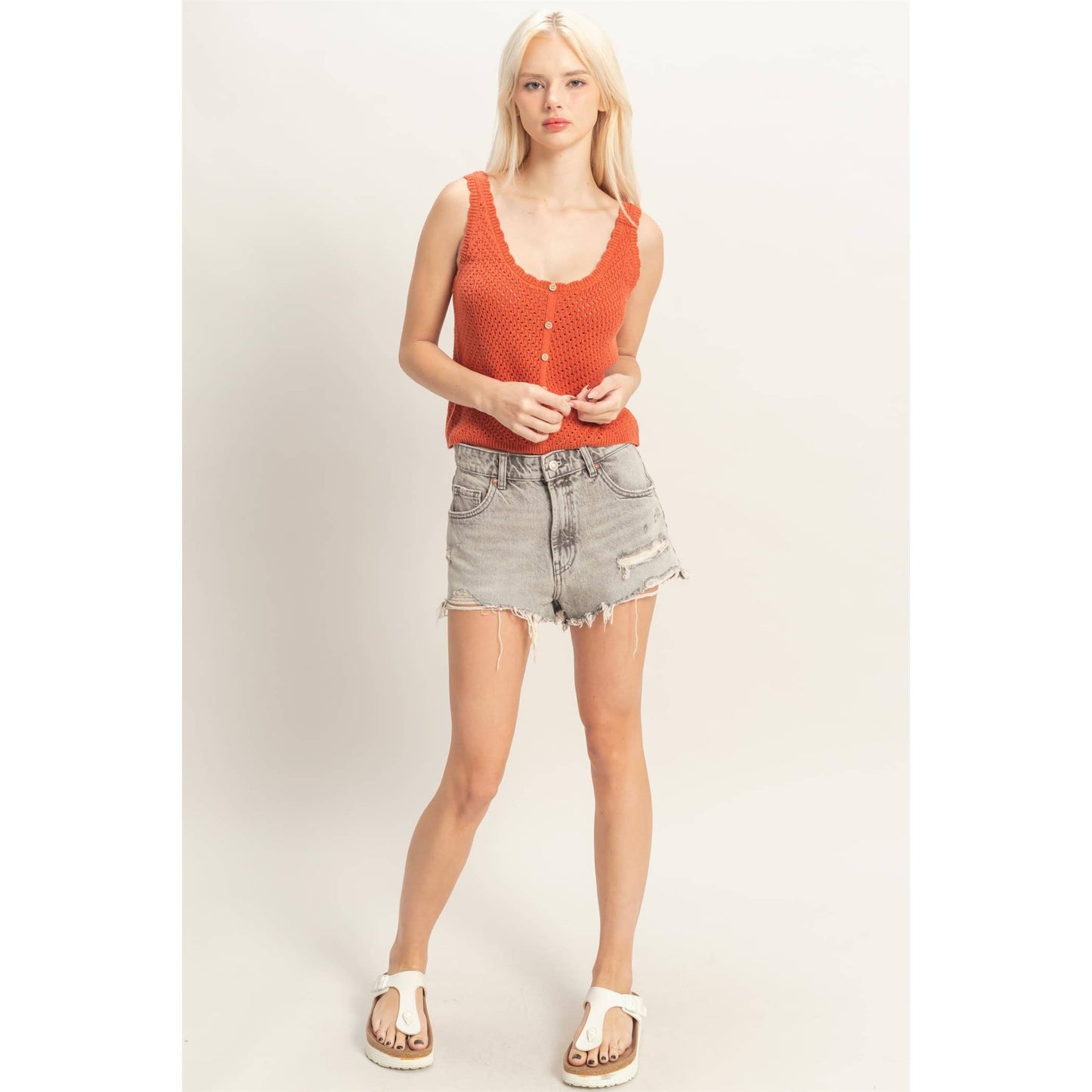 Open Knit Scallop Edge Button Front Tank Top