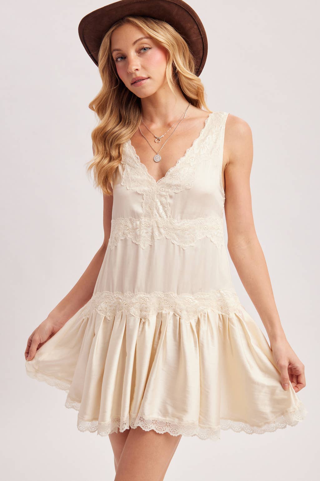 SATIN SLIP V-NECK LACE TRIMMED BABYDOLL MINI DRESS