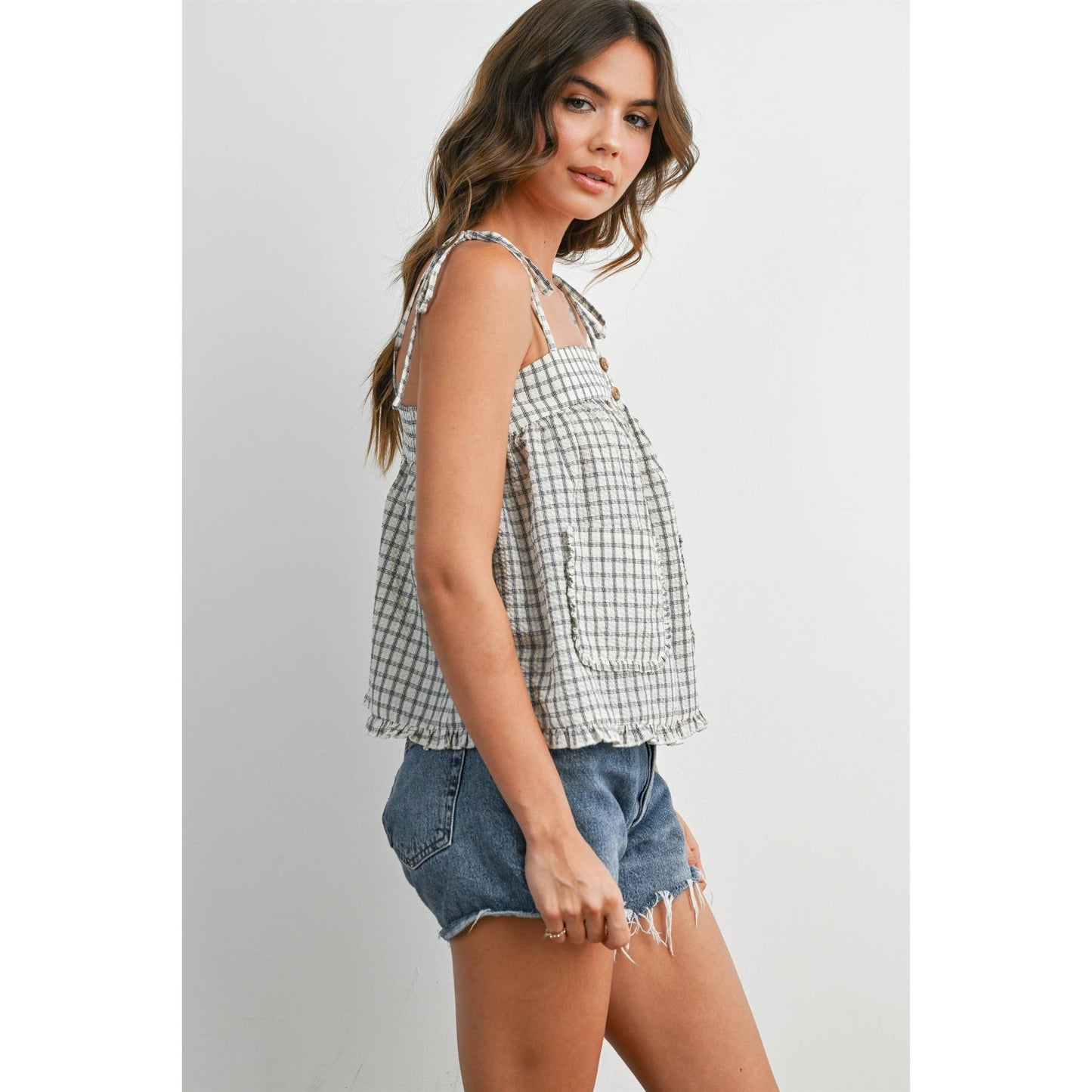 Plaid Tie Shoulder Tank Top-BMT8424