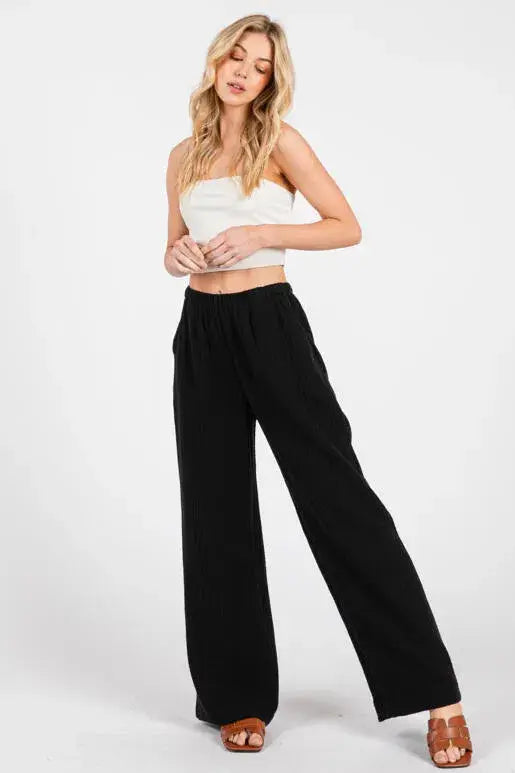 Gauze Waist Elastic Wide Leg Pants - NP70166B