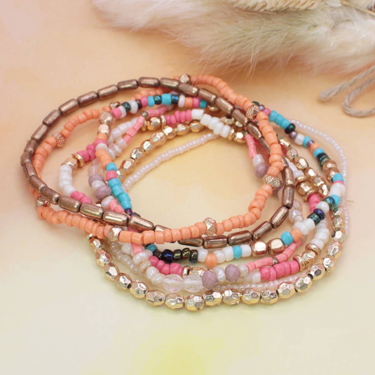 Warm Tone Gold Orange Bead Bracelet Set
