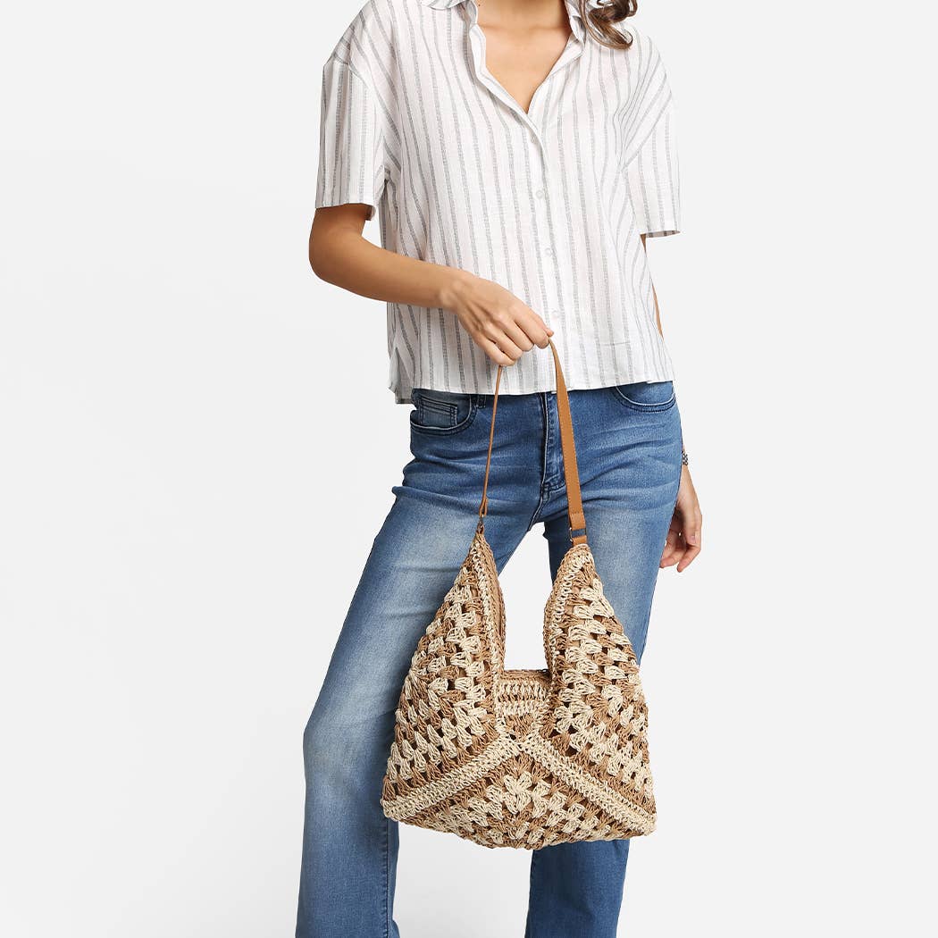 Two-Toned Pattern Design Straw Shoulder Bag