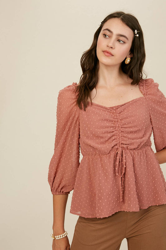 Swiss Dot Ruched Peplum Blouse