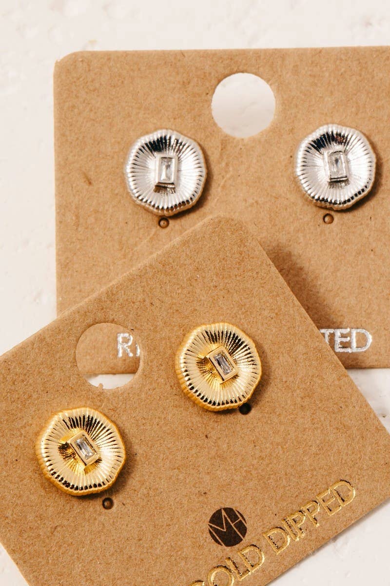 Gold Dipped Circle Baguette Rhinestone Stud Earrings