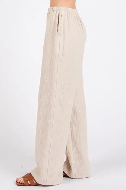 Gauze Waist Elastic Wide Leg Pants - NP70166B