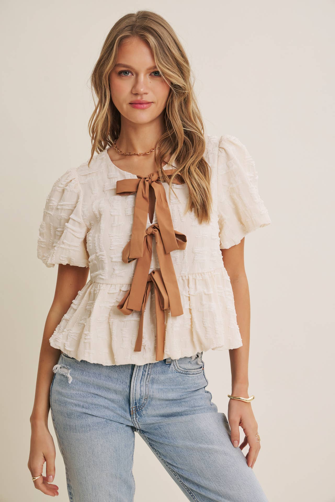 BUBBLE  BOW FRONT BABYDOLL BLOUSE