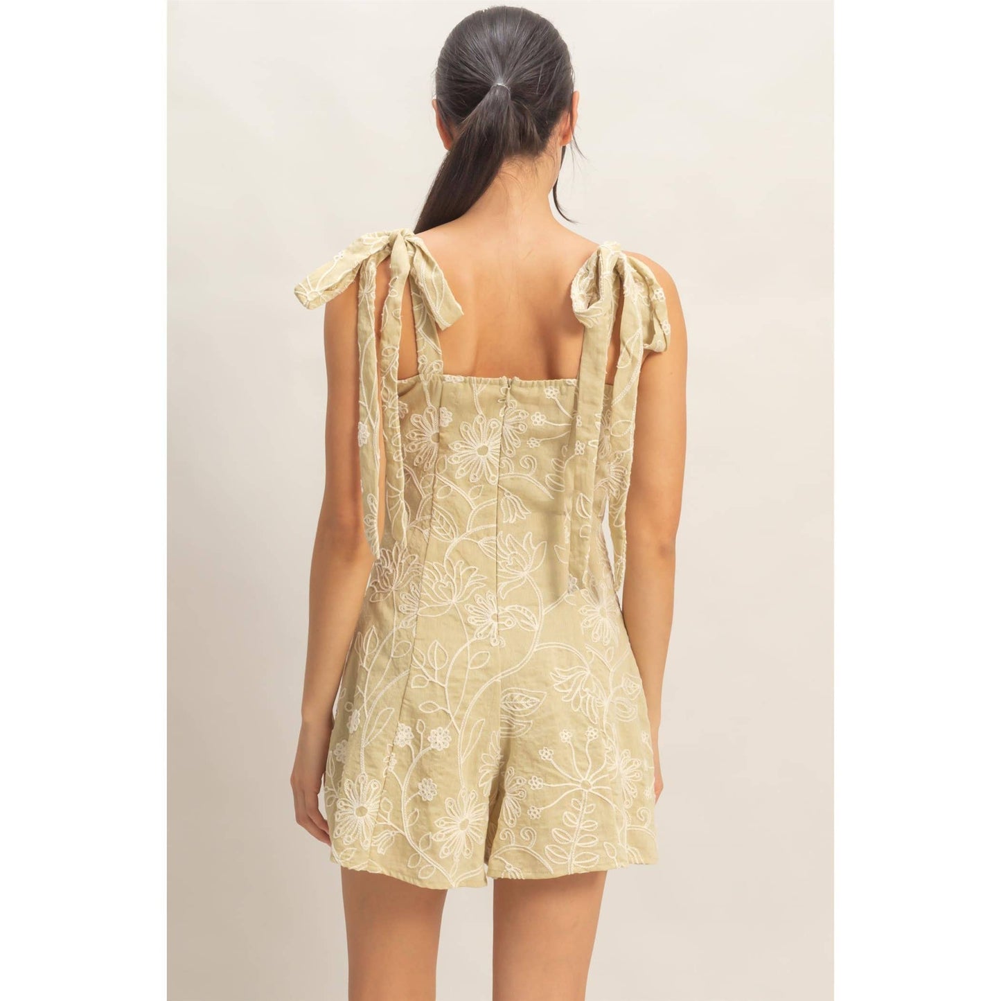 Floral Embroidery Tie-Strap Romper