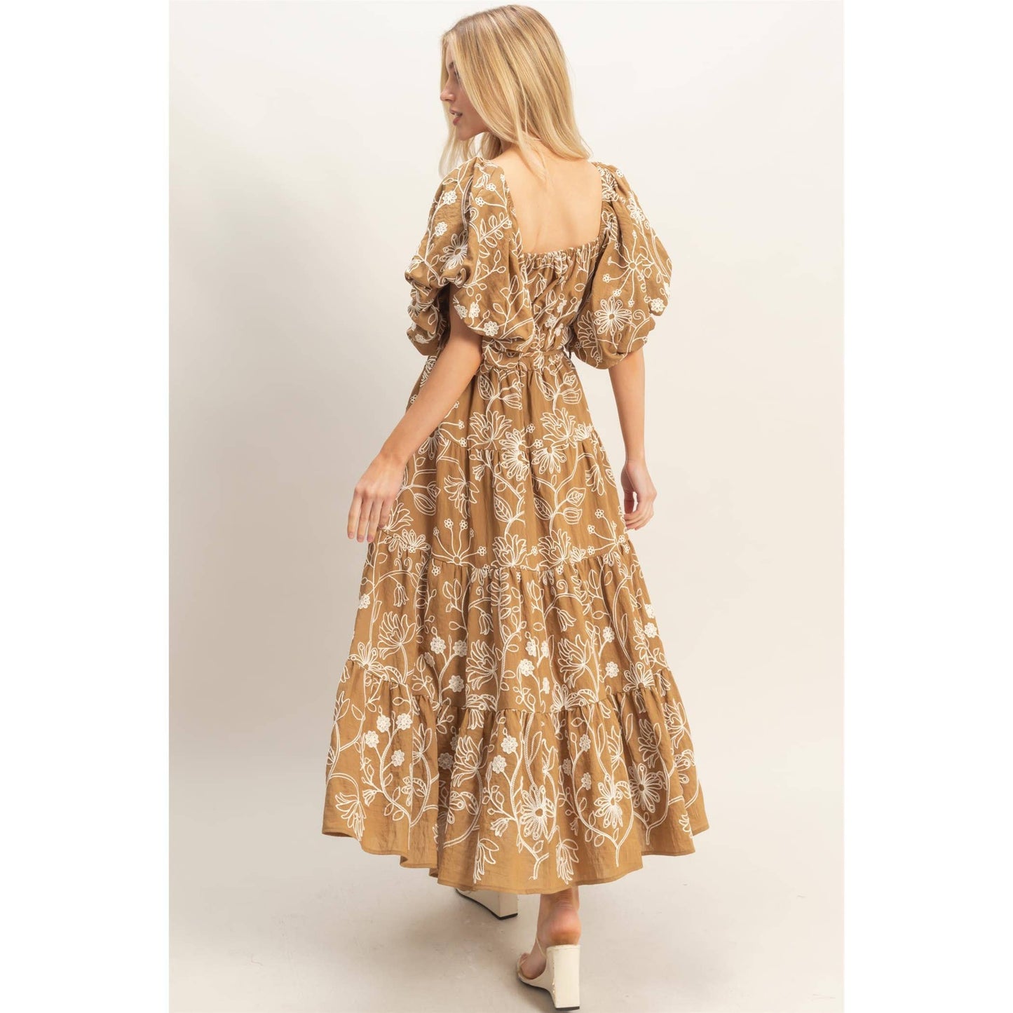 Floral Puff Sleeve Midi Dress: LIGHT BROWN / S-M-L(2-2-2)