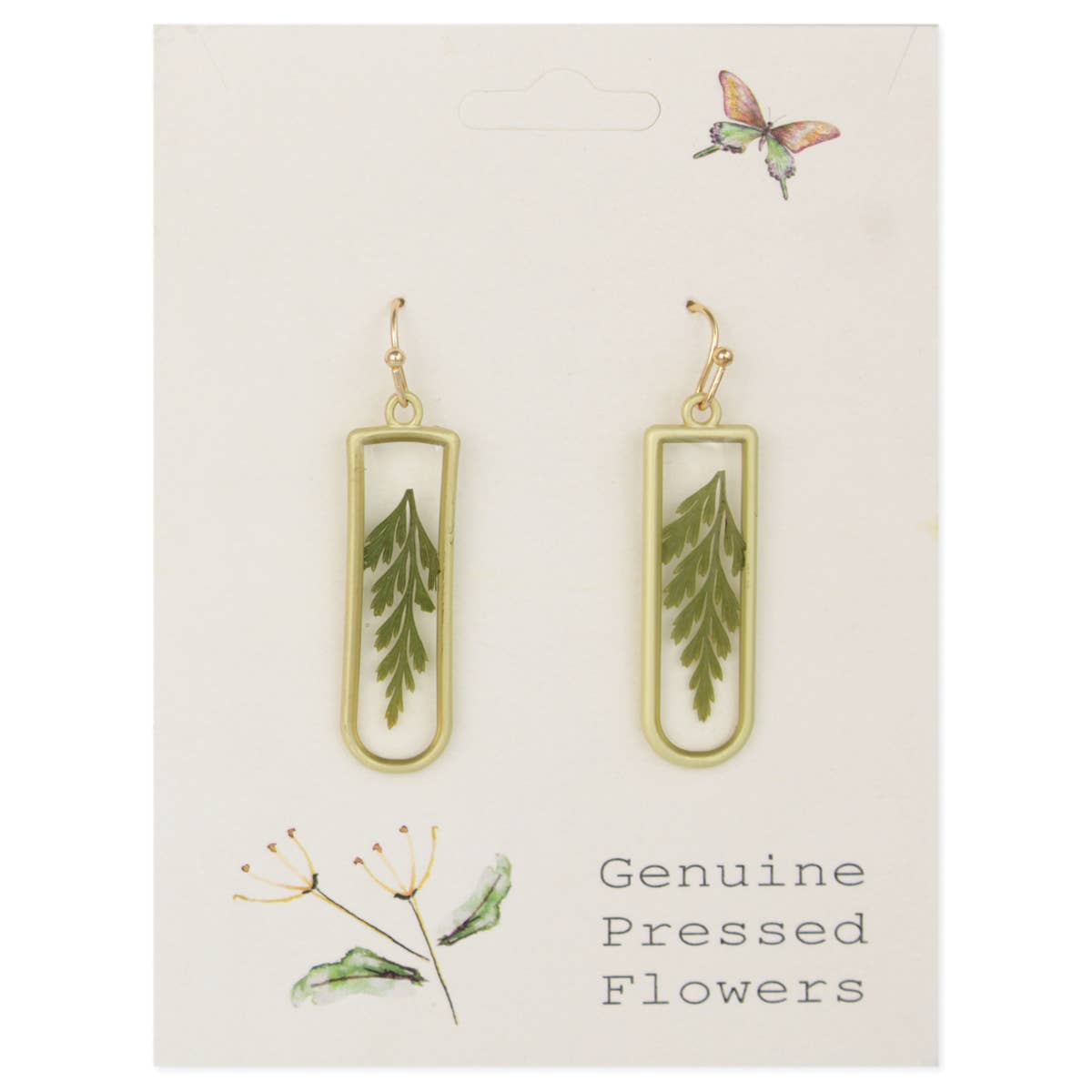 Gold Bar Green Dried Flower Earrings