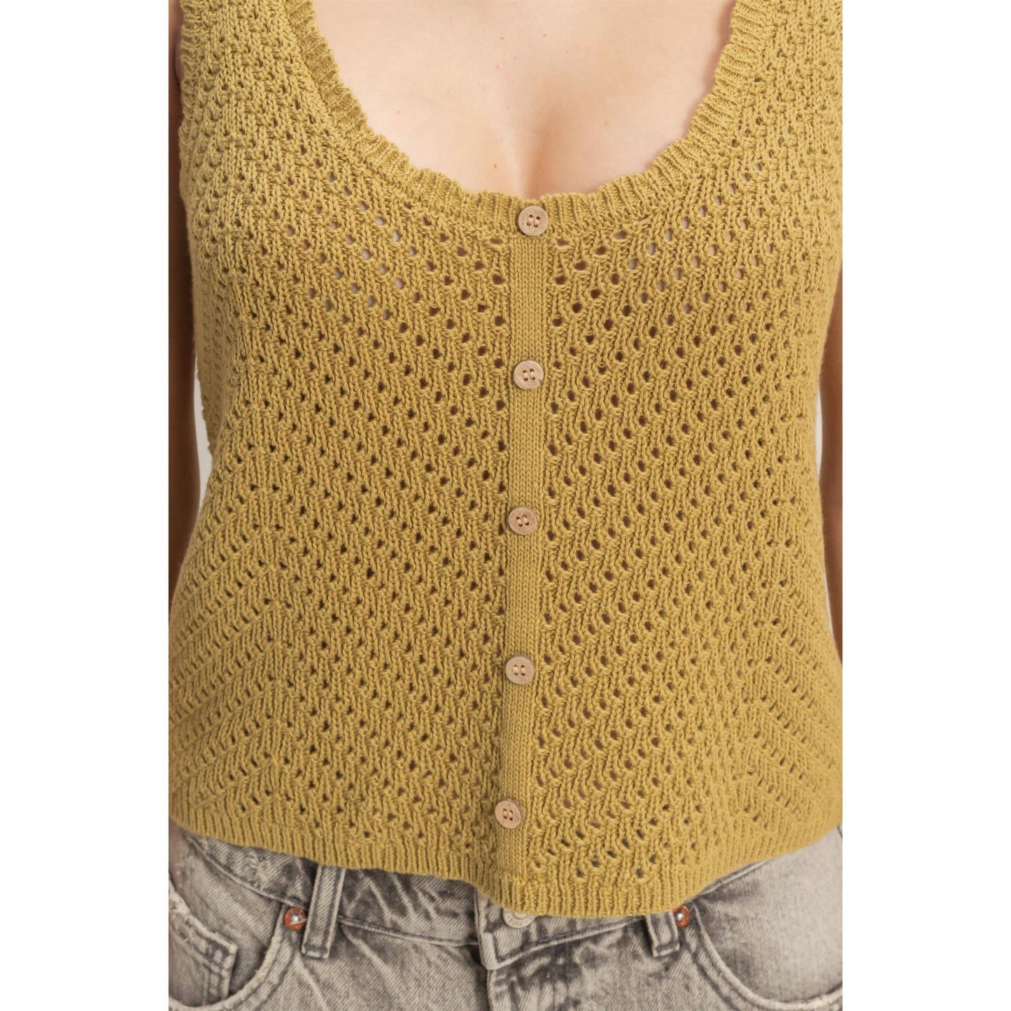 Open Knit Scallop Edge Button Front Tank Top
