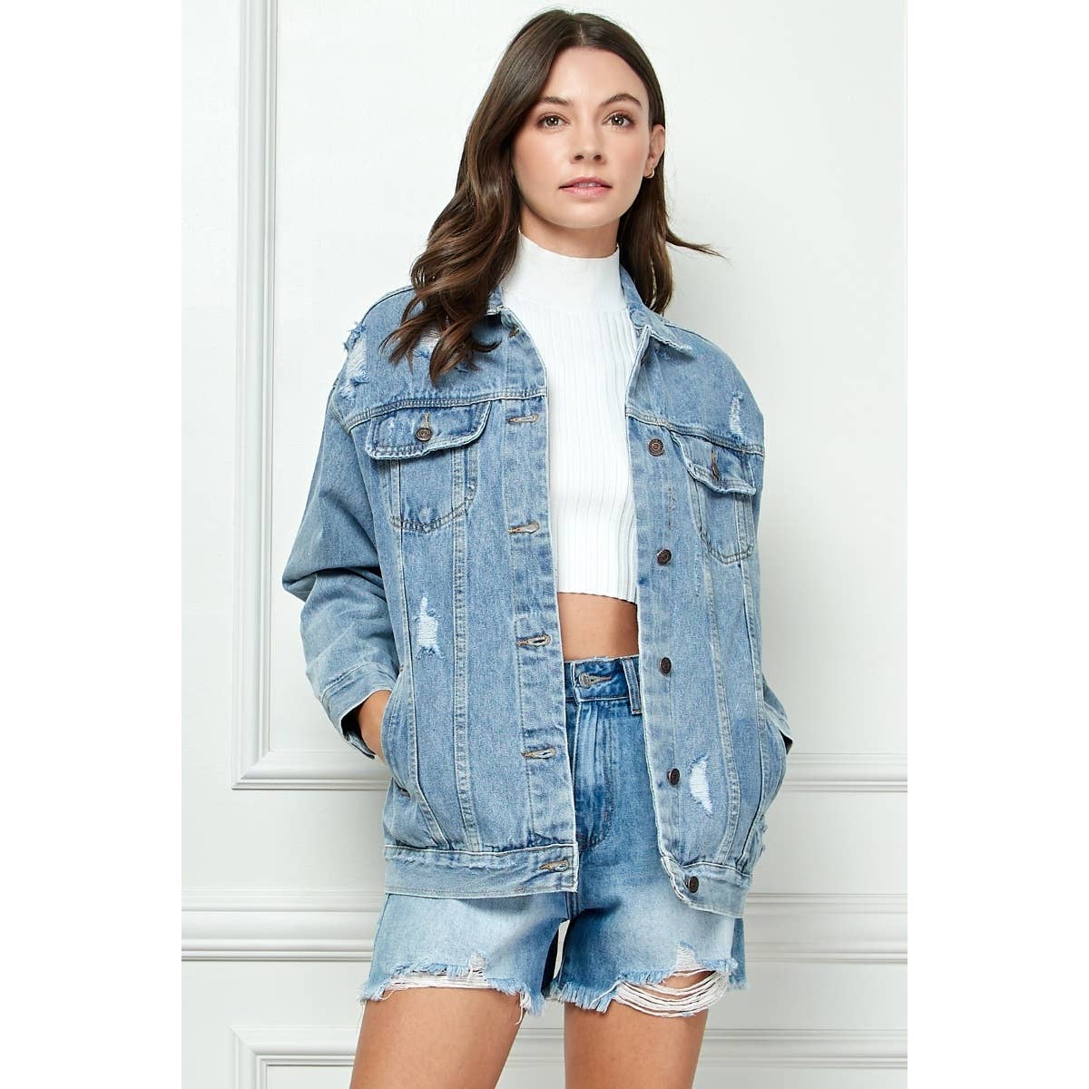 Med Wash Distressed Classic Denim Jacket