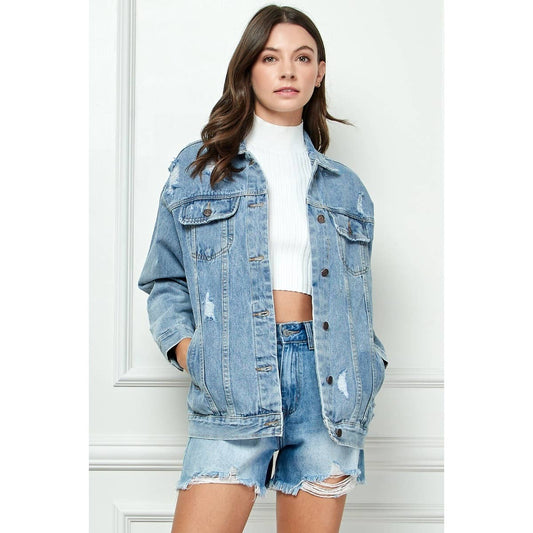 Med Wash Distressed Classic Denim Jacket